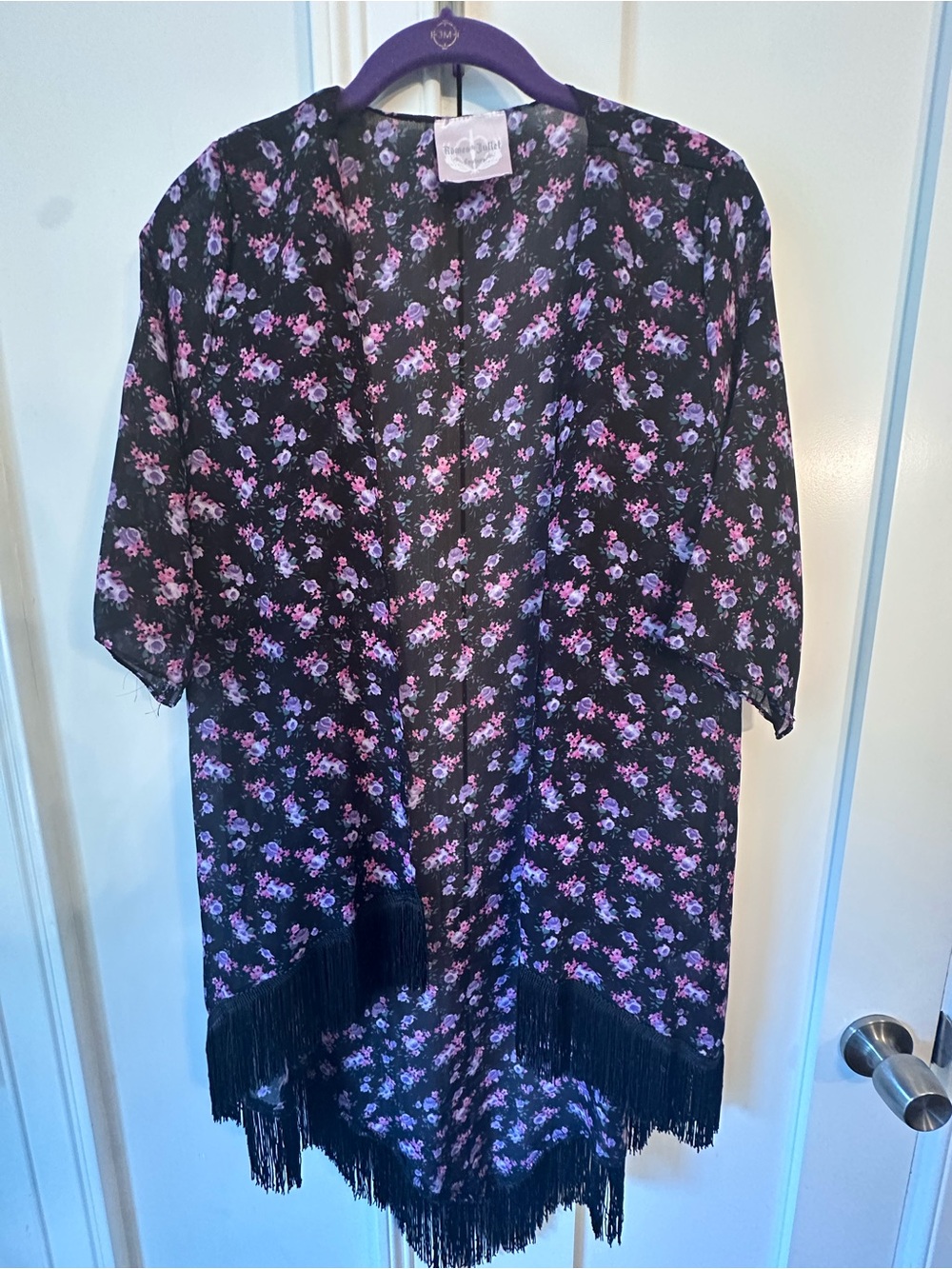 Romeo & Juliet Couture Black Floral Kimono with Pink & Purple Blooms